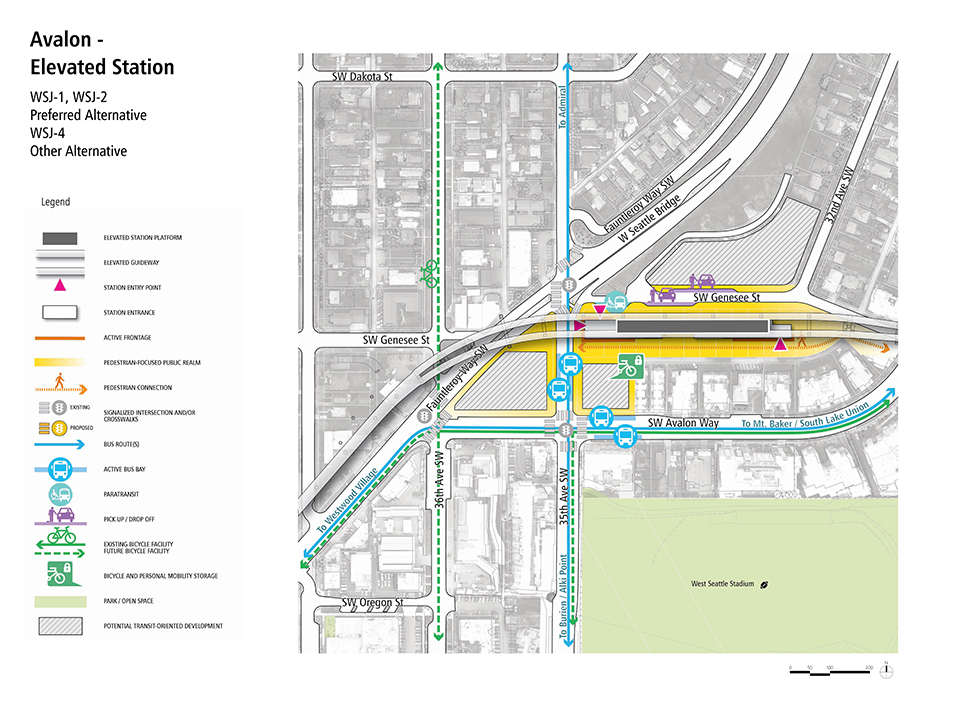 A map that describes how pedestrians, bus riders, bicyclists, and drivers could access the Avalon - Elevated Station Alternative.